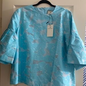 Tuckernuck Blue Floral Jacquard Short Sleeve Blouse